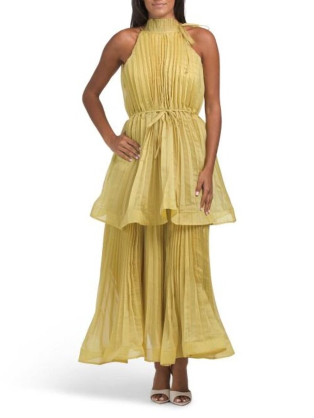 NANCY YANG Pleated Halter Maxi Dress